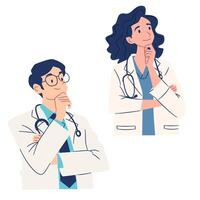A set of flat illustrations in a simple style. Doctors man and woman in a pensive pose, problem solving, reflections vector