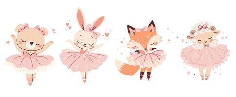 A set of flat illustrations in a simple children's style. Cute animals doing ballet, rabbit sheep bear cub and fox in pink ballet tutus vector