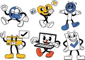 A set of retro mascot characters representing digital a concepts, tools, and analytics in a fun and dynamic style. vector