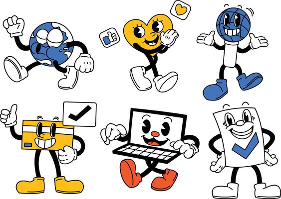 A set of retro mascot characters representing digital a concepts, tools, and analytics in a fun and dynamic style.