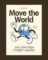 Retro-style poster featuring a dynamic globe mascot with bold typography, perfect for global campaigns or branding projects. vector