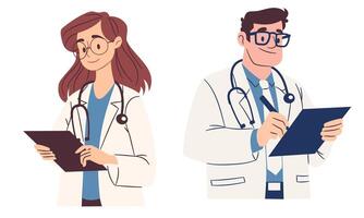 A set of flat illustrations in a simple style. Doctors man and woman standing and writing something in a notebook, listening to a patient vector