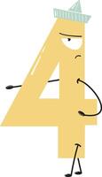 A cartoon style number 4 with a grumpy expression, wearing a pastel hat and pointing at something with its hand vector