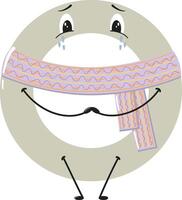 Cartoon style number 0 with an expressive face, wearing a cozy scarf. vector