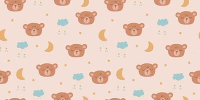 Seamless pattern with cartoon sleepping bear, cute teddy head, clouds, moon in scandinavian style. Boho illustration for textile, fabric, print design, wallpaper, gift paper vector