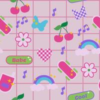 Seamless pattern butterfly, cherry, rainbow 2000s in y2k style. Illustration for textile, paper, fabric, background, print design vector