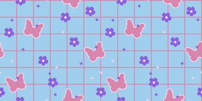 Seamless pattern butterfly 2000s, flowers, sparkles on blue checkered background in y2k style. Illustration for textile, paper, fabric, background, print design vector