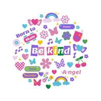 Group of trendy icons, symbols in 90s, 2000s style in the circle shape. Y2k design elements butterfly, flowers, hearts, be kind illustration isolated on white background vector