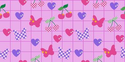 Seamless pattern butterfly cherry 2000s in y2k style. Illustration for textile, paper, fabric, background, print design vector