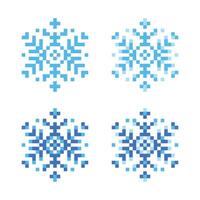 Cute Set Of 6 Sided Snowflakes 8 Bit Each One, Two Or Three Colors Isolated On White Background. Pixelated Flat Style. illustration vector