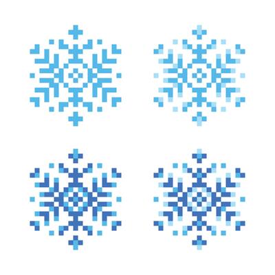 Cute Set Of 6 Sided Snowflakes 8 Bit Each One, Two Or Three Colors Isolated On White Background. Pixelated Flat Style. illustration