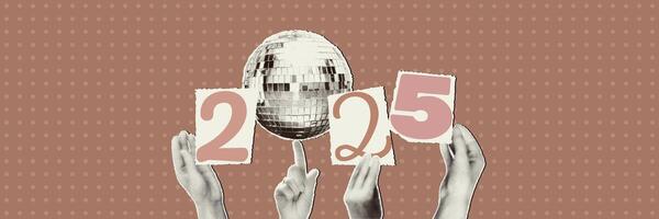2025 New year art collage trendy banner with halftone cut out hands holding disco ball and numbers isolated on dotted mocha mousse color of the year background . Modern retro illustration vector