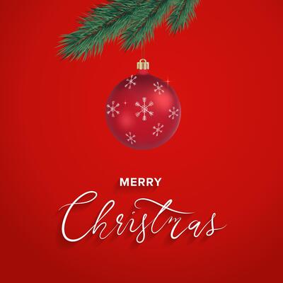 Red christmas decoration hanging from branch greeting card