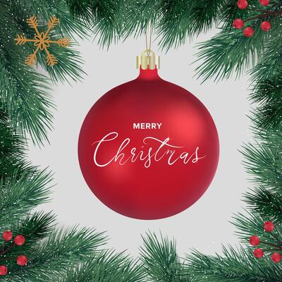 Christmas background with fir tree, decorative glass ball hanging