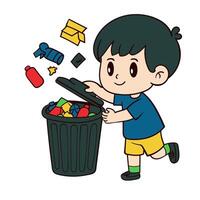 A Joyful Boy Tossing Trash into a Recycling Bin vector