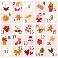 Beautiful advent calendar with Christmas hand drawn cartoon elements. Xmas Poster. Winter festivities design vector