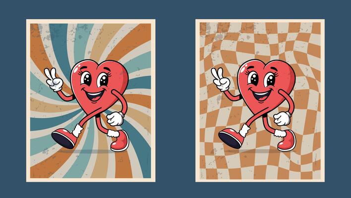 Cool retro heart character poster without text. Love concept. Happy Valentine's Day. Hippie poster 60s 70s retro style Y2K aesthetic Funny heart character Cool template Trendy illustration