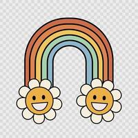 Retro y2k groovy colorful rainbow with daisies, rainbow between two cheerful flowers - characters. Isolated characters in retro style 70s love, joy, fantasy vector