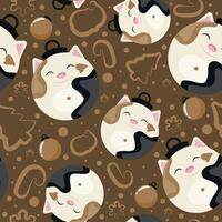 christmas or new year seamless pattern with new year balls with white cat design and other new year decorations on a brown background, for festive textiles, posters or banners vector