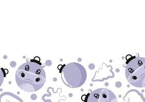 christmas or new year horizontal posters with round baubles and different christmas toys with violet hippo design, for different holiday ads and banners vector
