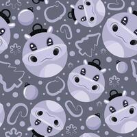 christmas or new year seamless pattern with new year balls with violet hippo design and other new year decorations on a violet background, for festive textiles, posters or banners vector