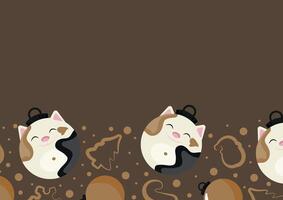 christmas or new year horizontal posters with round baubles and different christmas toys with white cat design on a brown background, for different holiday ads and banners vector