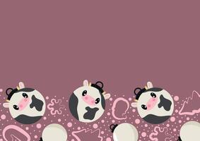 christmas or new year horizontal posters with round baubles and different christmas toys with white cow design on a pink background, for different holiday ads and banners vector