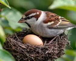 Sparrow nesting with egg in nest photo