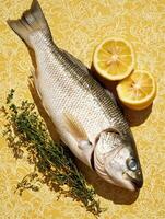 Fresh fish and lemon on a patterned background photo