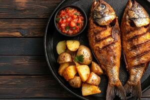 Fried fish and potatoes on a wooden table photo