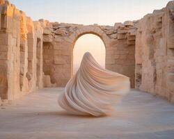Mysterious figure in flowing robe passing through ancient archway photo