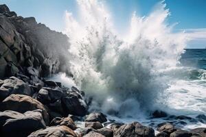 Powerful ocean waves crashing against rocky coastline photo