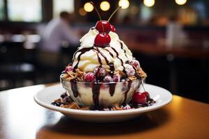 Decadent ice cream sundae with cherries and chocolate sauce photo