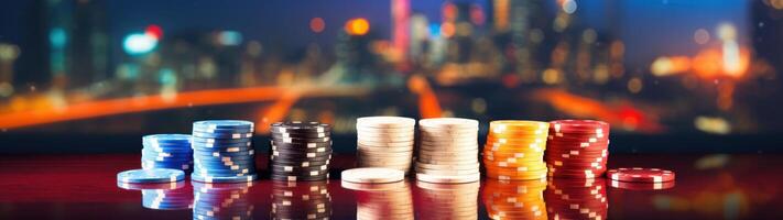 Stacks of casino chips on a reflective surface photo