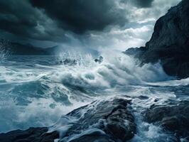 Powerful Stormy Ocean Waves Crashing Against Rugged Cliffs photo