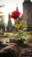 Vibrant Red Rose Blooming in Graveyard photo