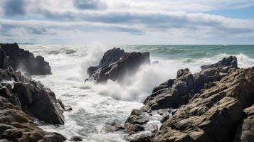 Dramatic Seascape with Crashing Waves and Rugged Cliffs photo