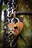Rustic Heart Shaped Lock on Tree Trunk photo