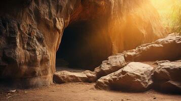 Dramatic cave entrance with sunlight photo