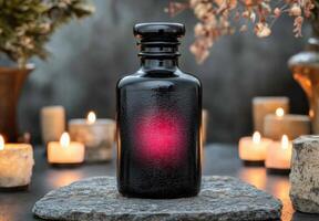 Mysterious glowing potion bottle in dark moody setting photo