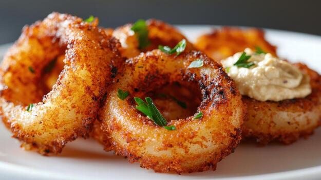 delicioso frito cebolla anillos con cremoso inmersión salsa foto