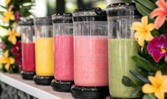Assortment of colorful smoothies in blender cups photo