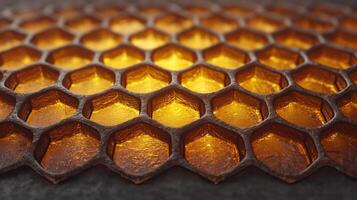 Closeup of honeycomb structure with golden honey photo