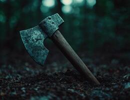 Weathered axe embedded in forest floor photo