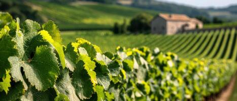 Scenic vineyard landscape with rolling hills and a stone building photo