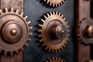 Intricate gears and cogs of an old mechanical device photo