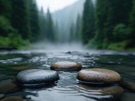 serene misty forest stream with smooth stones photo
