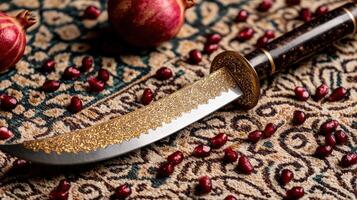 Ornate golden dagger on patterned rug with pomegranates photo