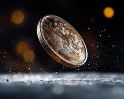 Sparkling coin floating in air photo