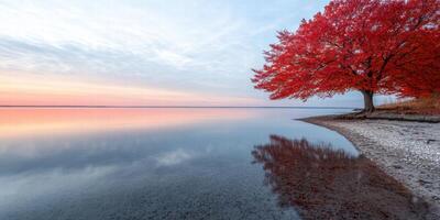Vibrant autumn tree reflecting in serene lake at sunset photo